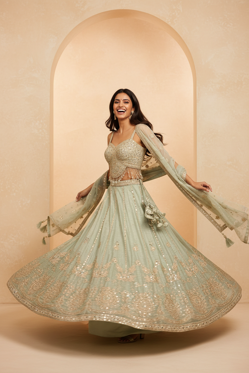 Sage Green Embroidered Lehenga