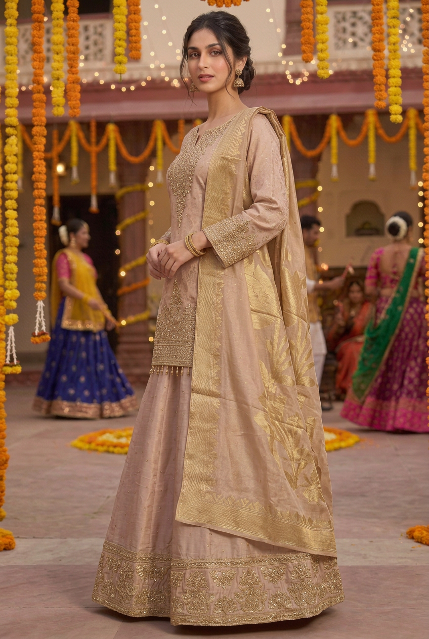 Side angle of champagne lehenga set on a professionally styled model in a festive courtyard