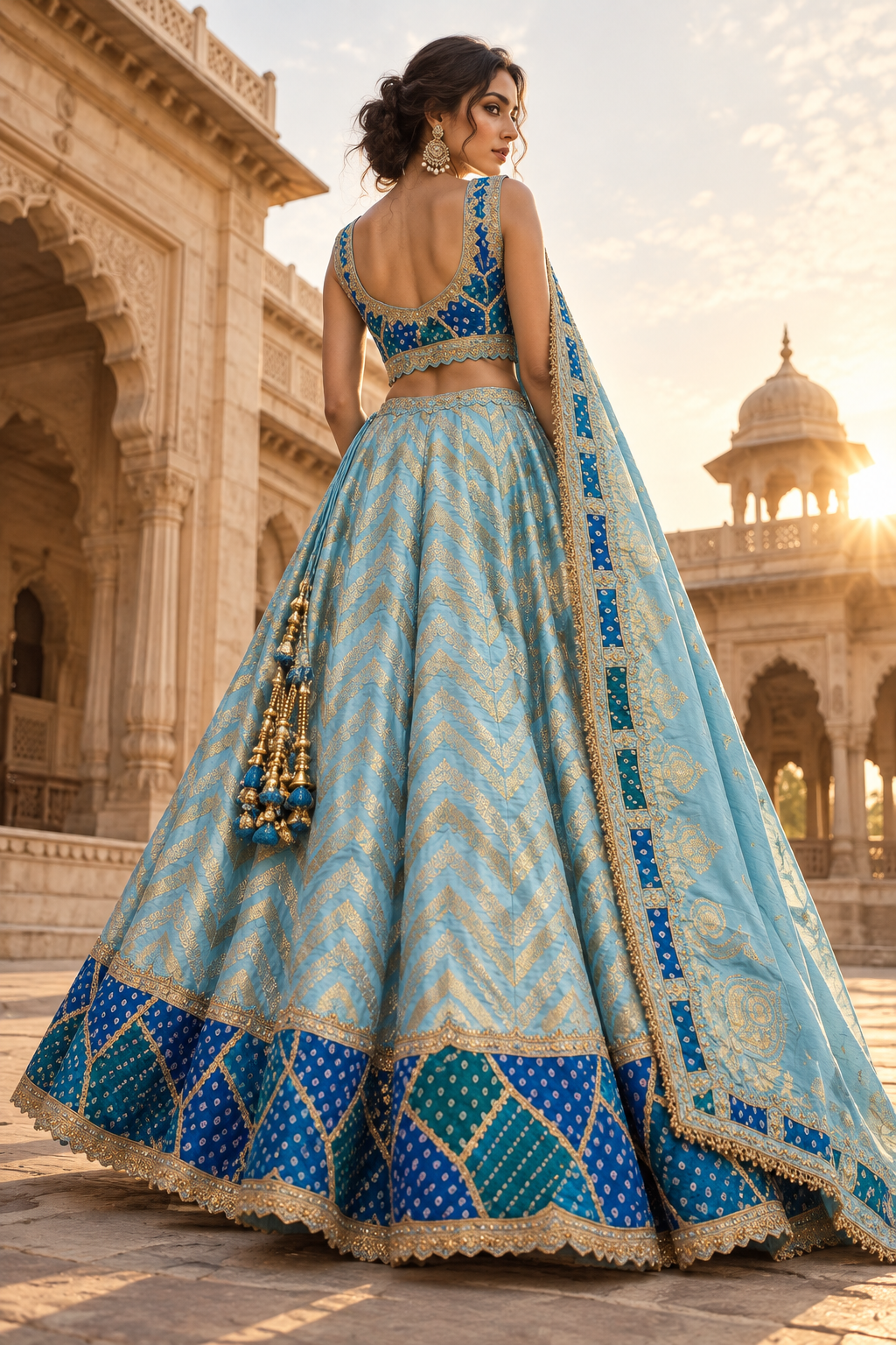 Sky blue bandhani lehenga set, back view of blouse and skirt