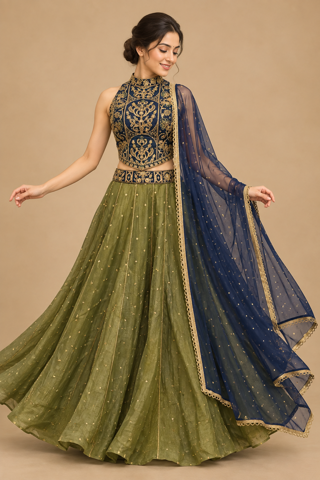 Front Garba pose in olive skirt, ornate navy sleeveless choli and sheer navy dupatta