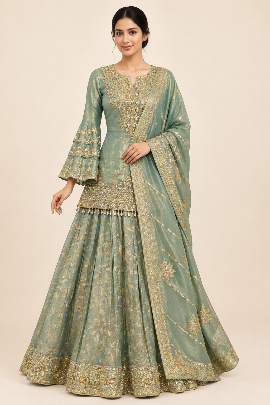 Front view of a female model wearing a sage-green lehenga with a long gold-embellished blouse, flared sleeves, and matching dupatta