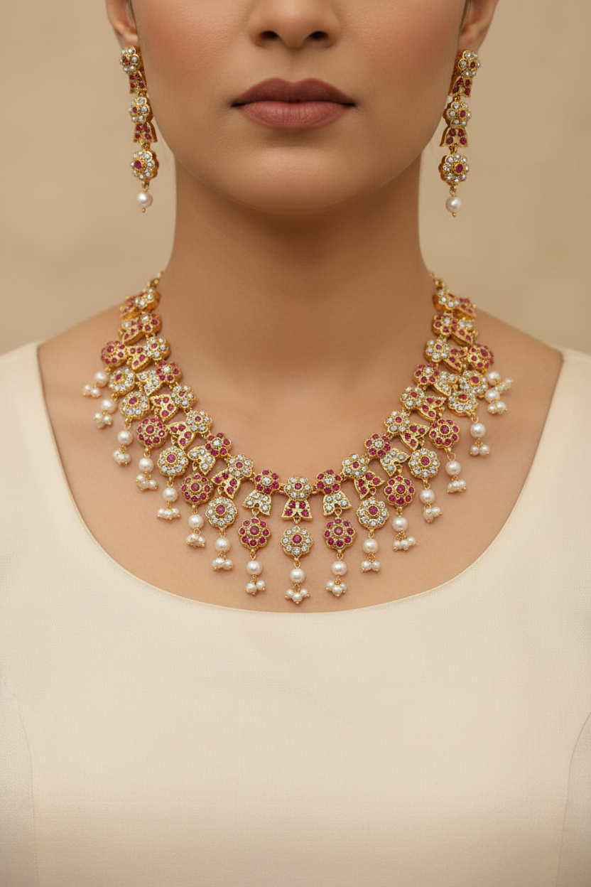 Model wearing a gold-tone floral necklace set with ruby-colored accents, crystal-style stones, pearl-like drops, and matching earrings