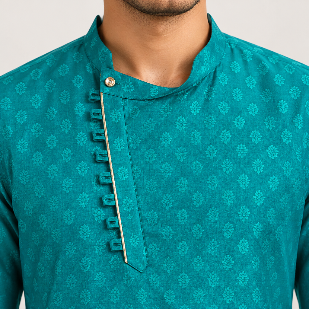 Close-up of teal kurta mandarin collar, side placket with fabric-loop buttons and gold-tone piping