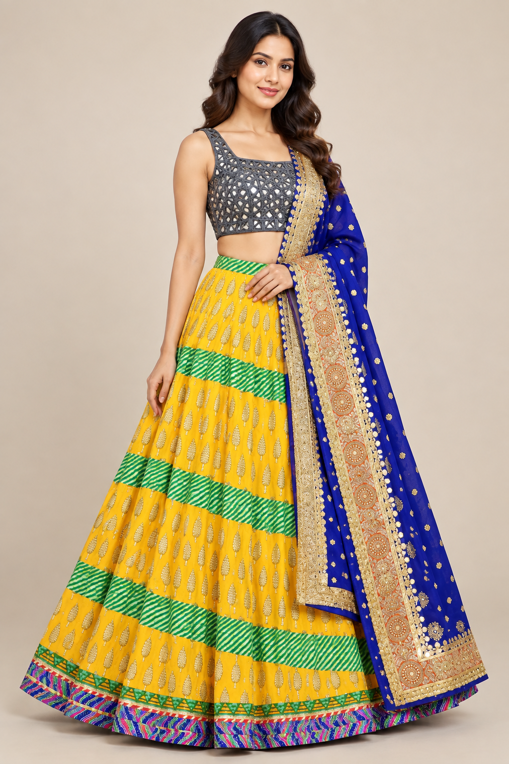 Model in three-quarter view wearing yellow and green striped lehenga with gray blouse and blue drape