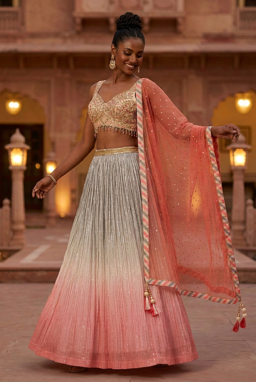 Smiling model in a gentle dance pose wearing the floor-length coral ombre lehenga at an Indian palace evening reception.