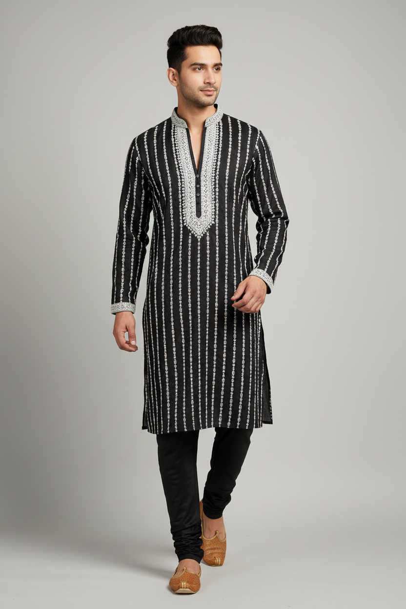 Male model wearing black embroidered kurta set with gold juttis - walking pose