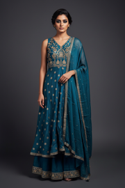 Teal embroidered sharara set - front facing pose