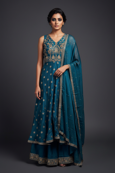 Teal Embroidered Sharara Set