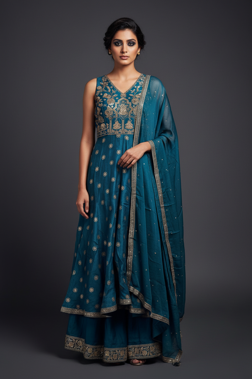 Teal Embroidered Sharara Set