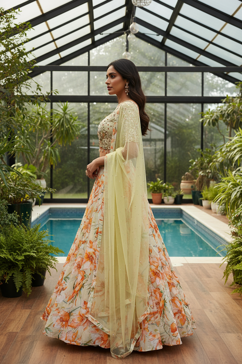Ivory Orange Floral Lehenga