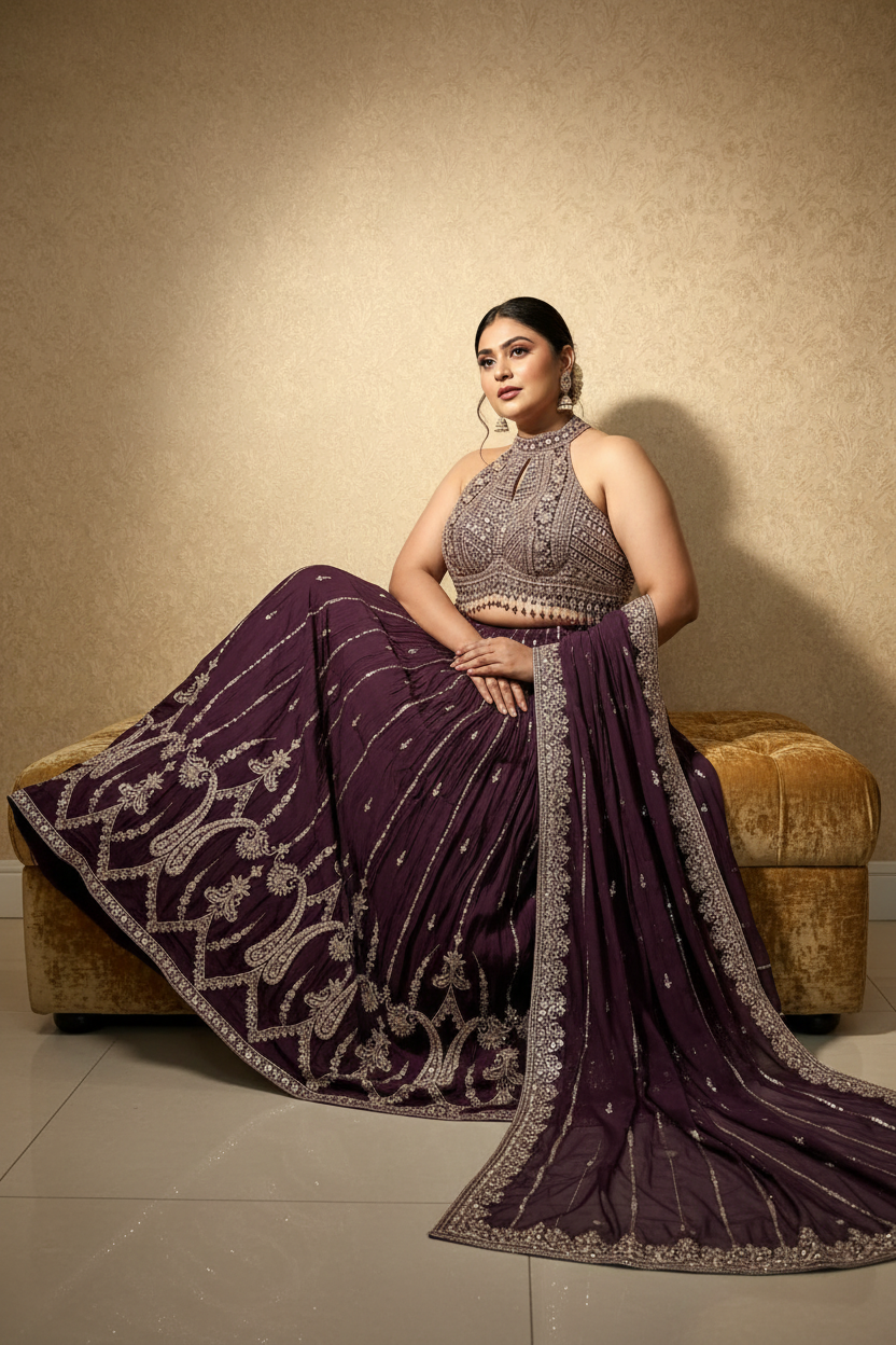 Plum Silver Embroidered Lehenga