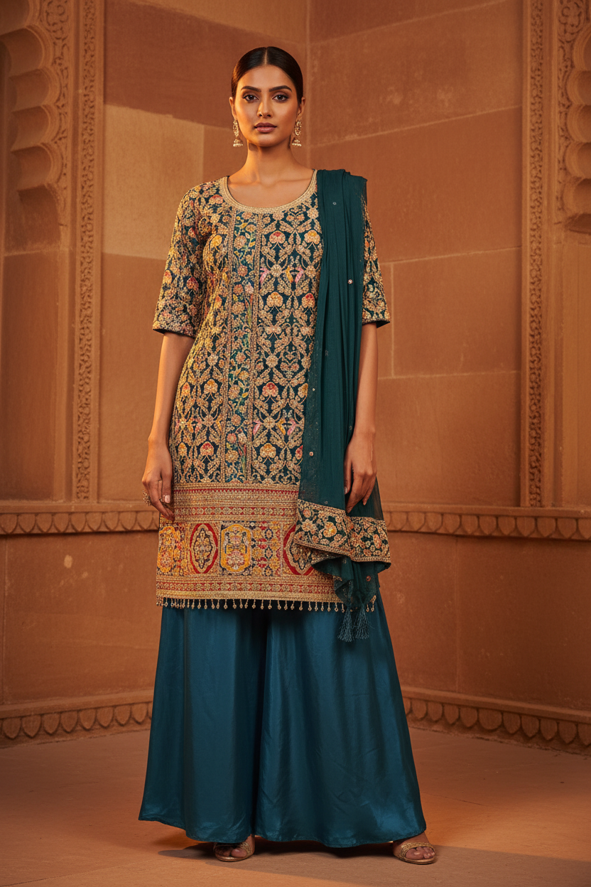 Teal Embroidered Sharara Set