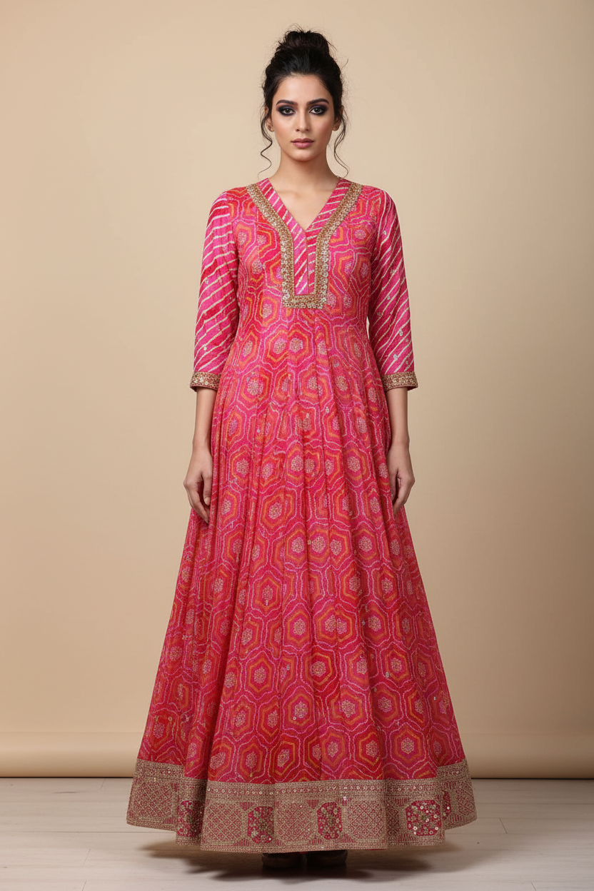 Front pose without dupatta - Hot Pink Honeycomb Anarkali