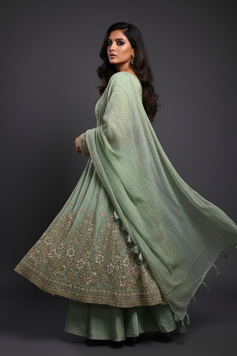 Model wearing mint embroidered sharara set, three-quarter turn with flowing dupatta
