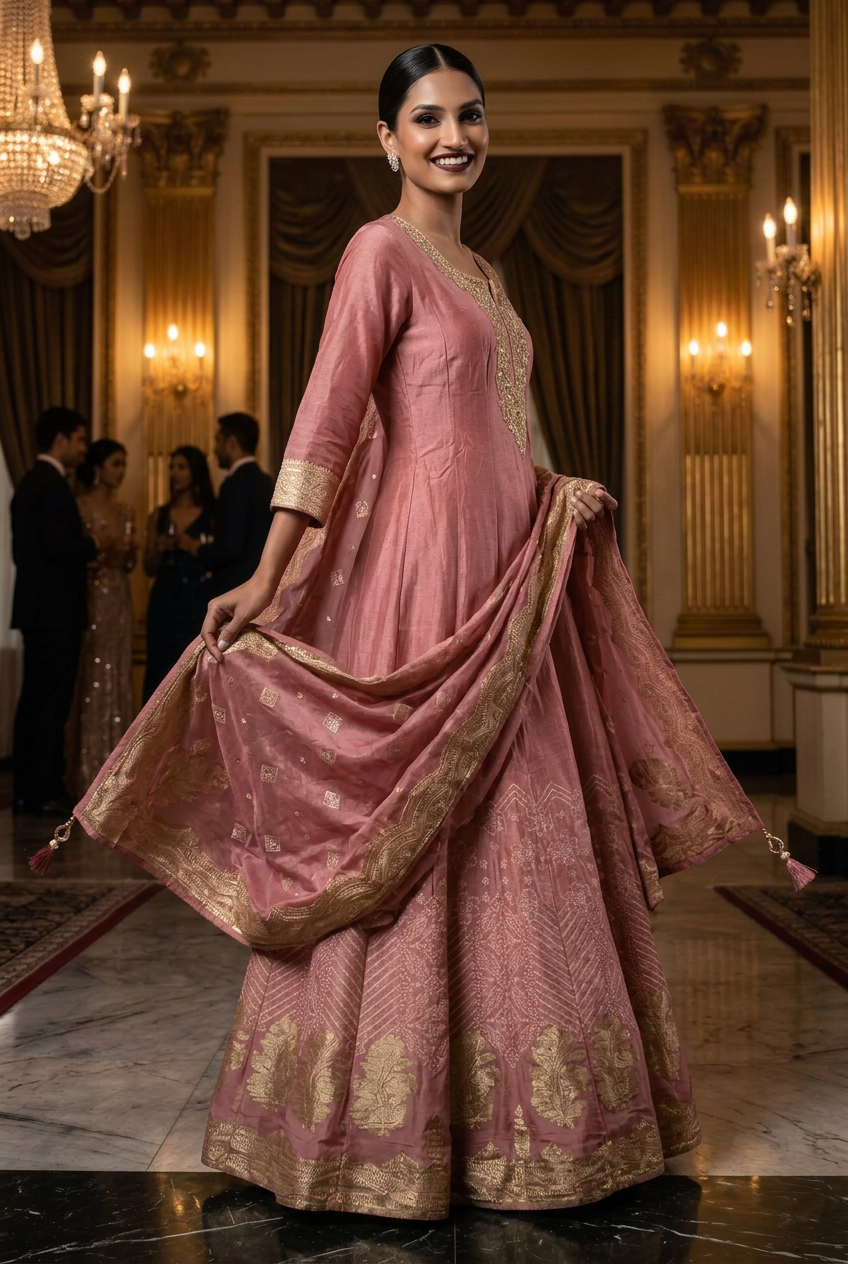 Smiling model in an angled pose holding the gold-bordered dusty rose dupatta