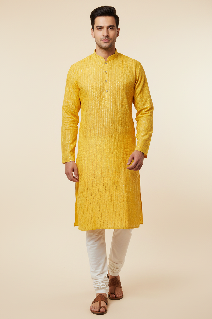 Male model wearing yellow chikankari kurta set with kolhapuri sandals - walking pose