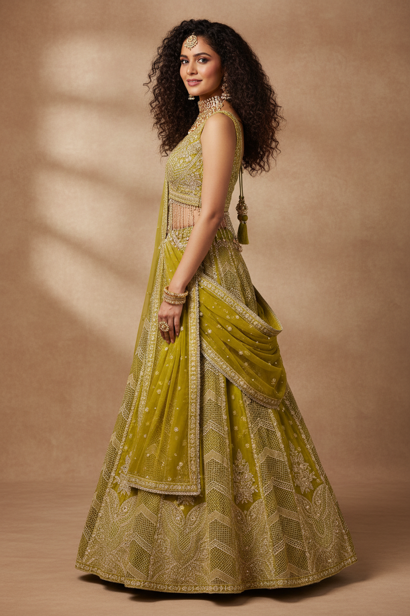 Olive Gold Embroidered Lehenga