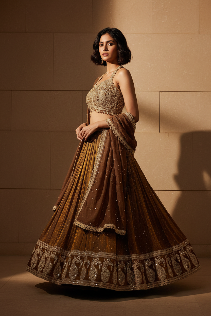 Brown Gold Tissue Lehenga