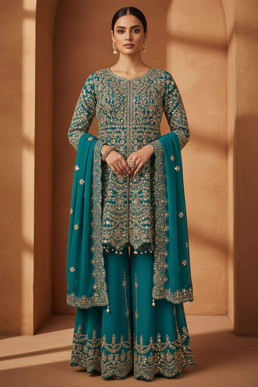 Teal Zari Sharara Set