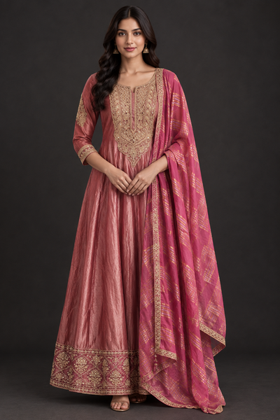 Pink Anarkali with Striped Dupatta