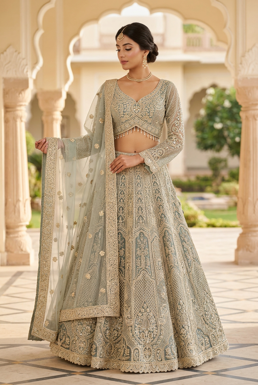 Three-quarter view of sage-green lehenga set with long-sleeved blouse and sheer bordered dupatta.