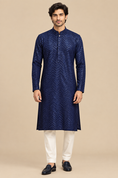 Navy Chevron Patterned Kurta