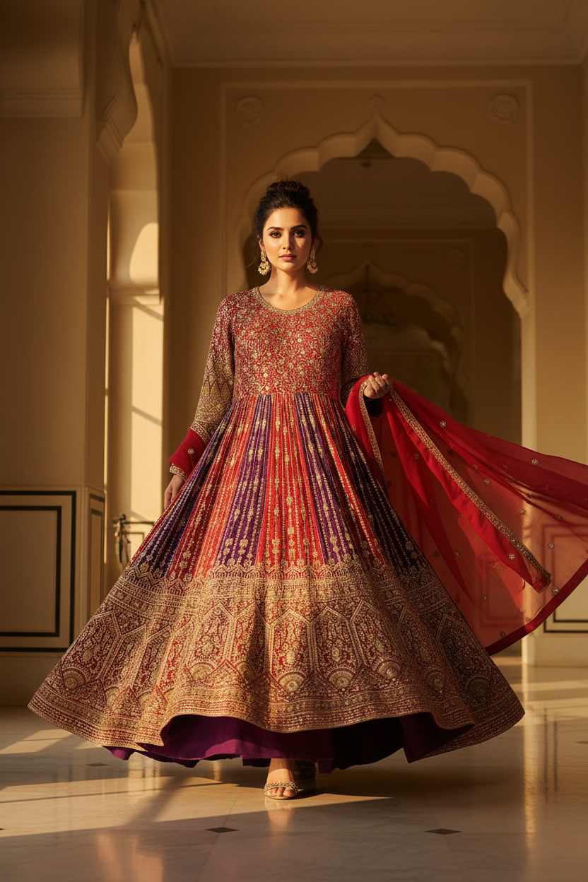 Crimson Royale Anarkali Set - Walking Pose