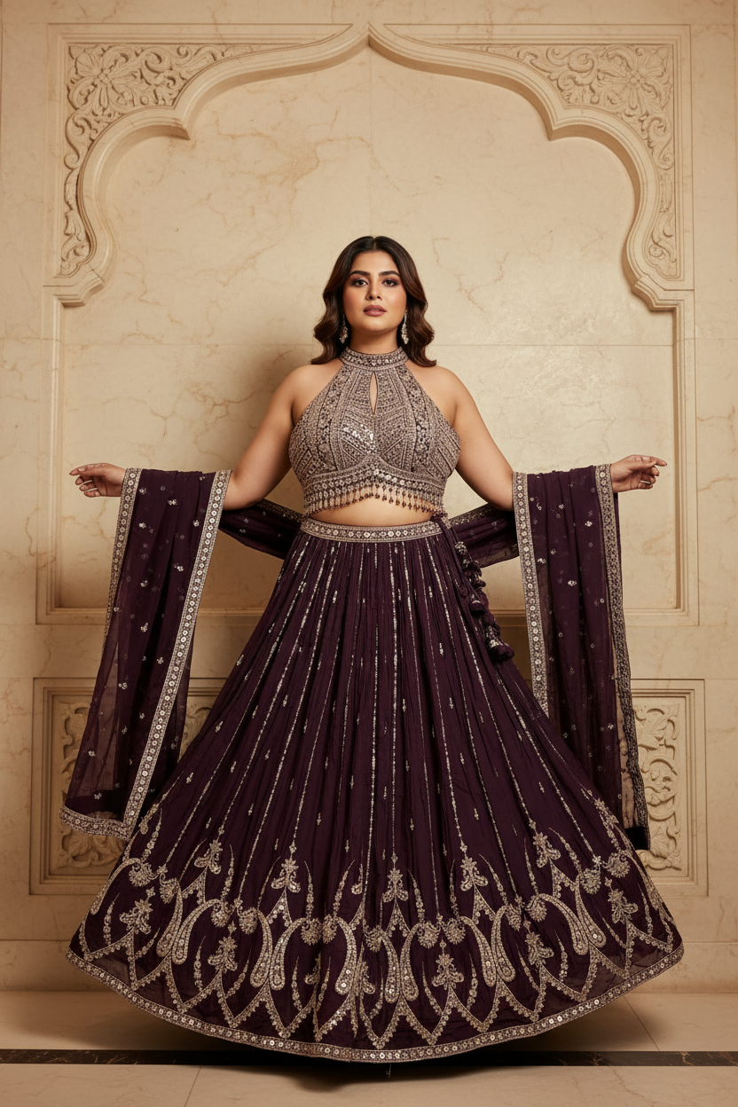 Plum Silver Embroidered Lehenga