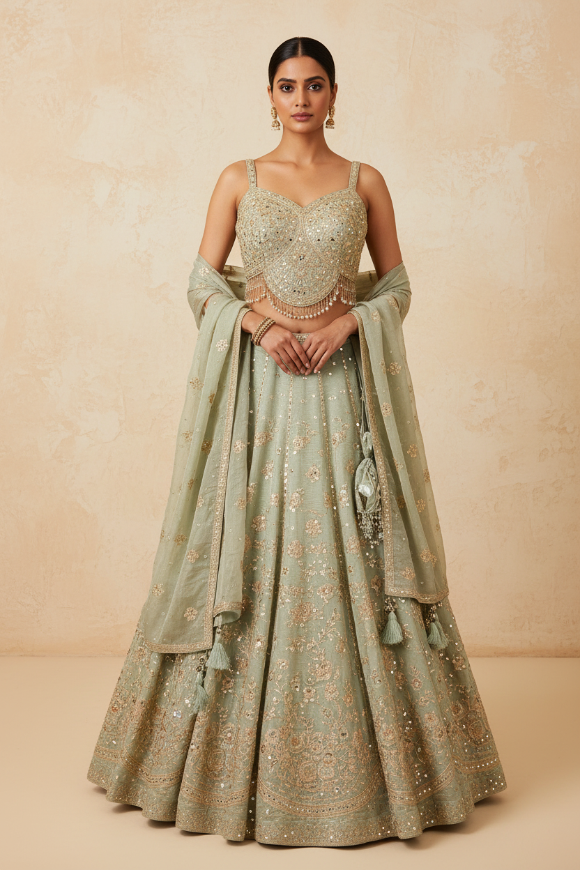 Sage Green Embroidered Lehenga