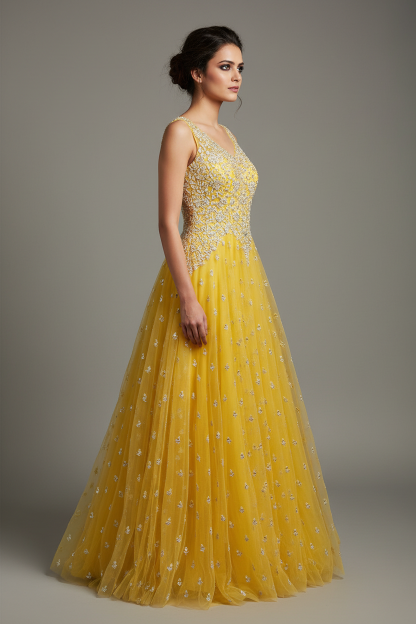 Yellow mirrorwork sleeveless gown - side profile