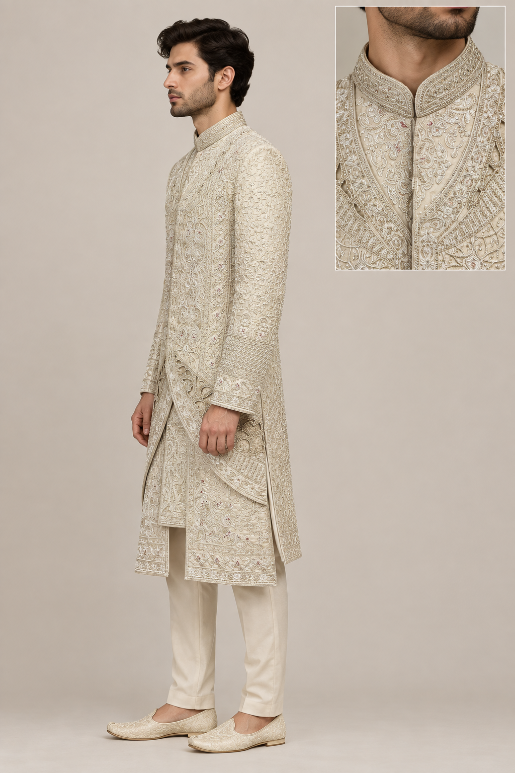 Male model wearing ivory patterned sherwani, side view
