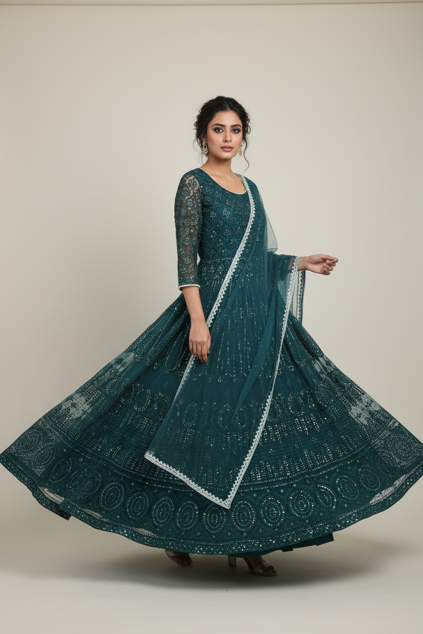 Model wearing dark teal anarkali set - walking pose