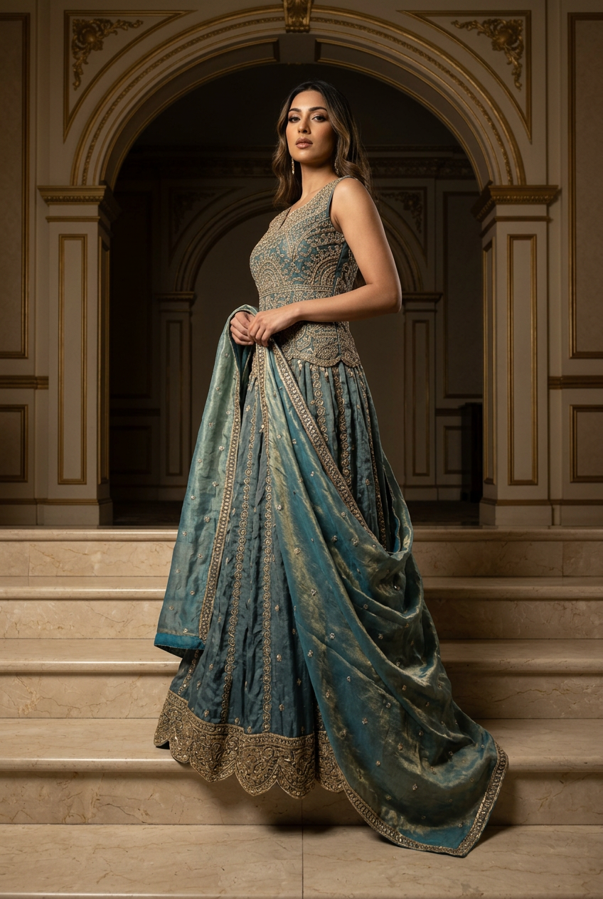 Grey Gold Corset Lehenga