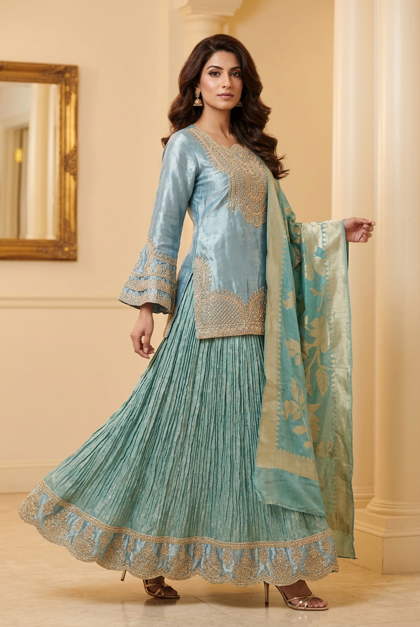 Dance-inspired pose showing teal pleated lehenga skirt and gold-toned border