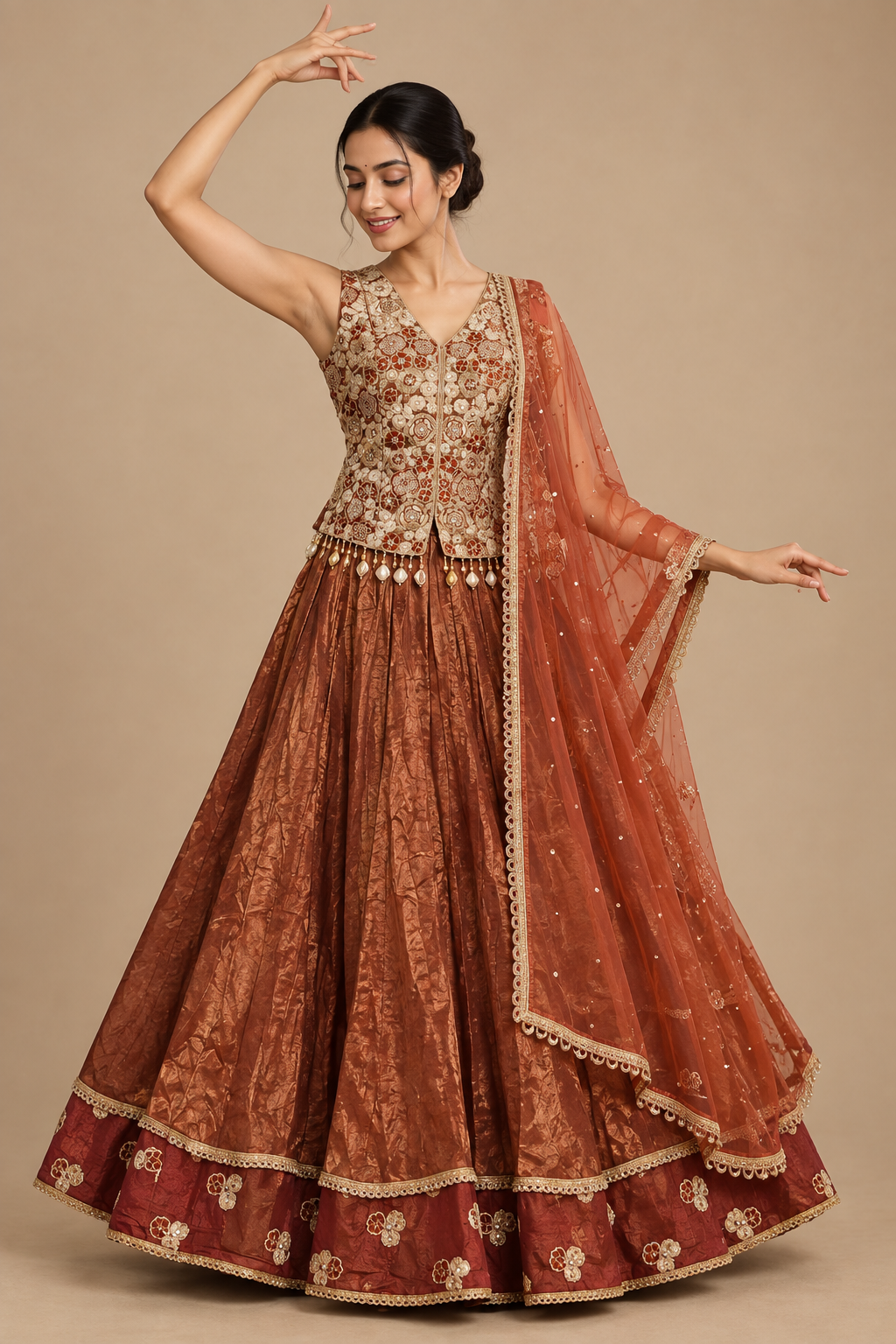 Front view of rust floral lehenga set on a female model in a Garba-inspired pose