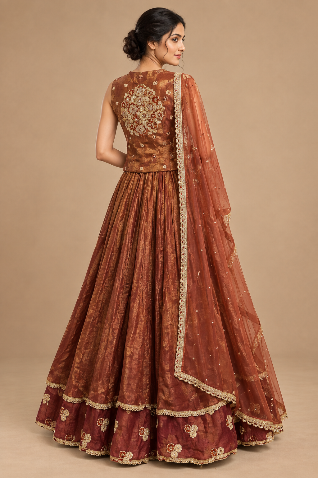 Rear view showing the closed blouse back with a centered floral medallion and rust flared skirt