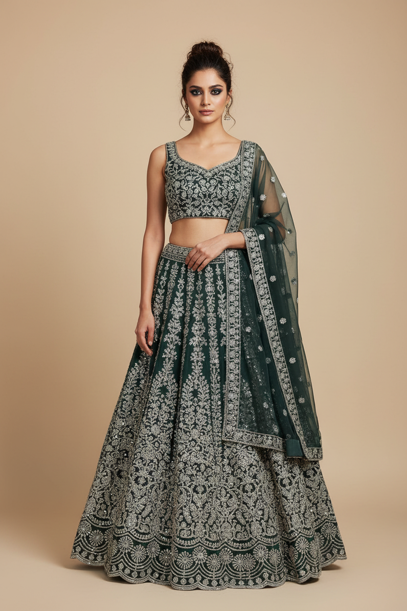 Emerald Lehenga with Silver Embroidery