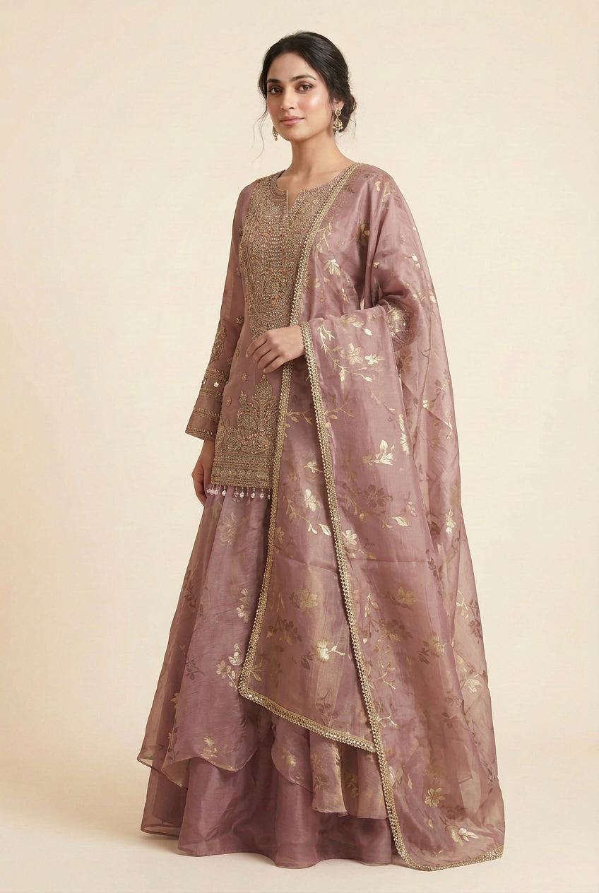 Three-quarter view of mauve lehenga with gold-edged floral dupatta draped over shoulder