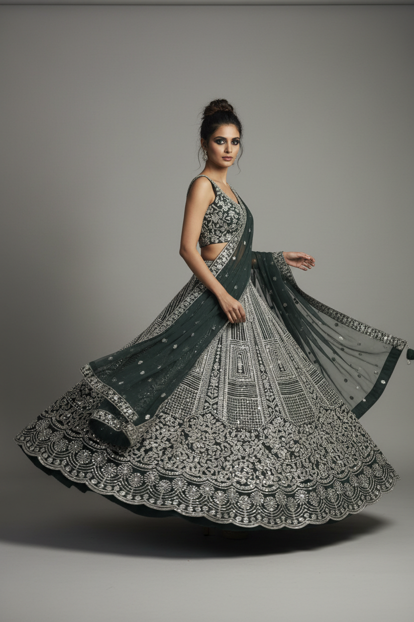 Emerald Lehenga with Silver Embroidery