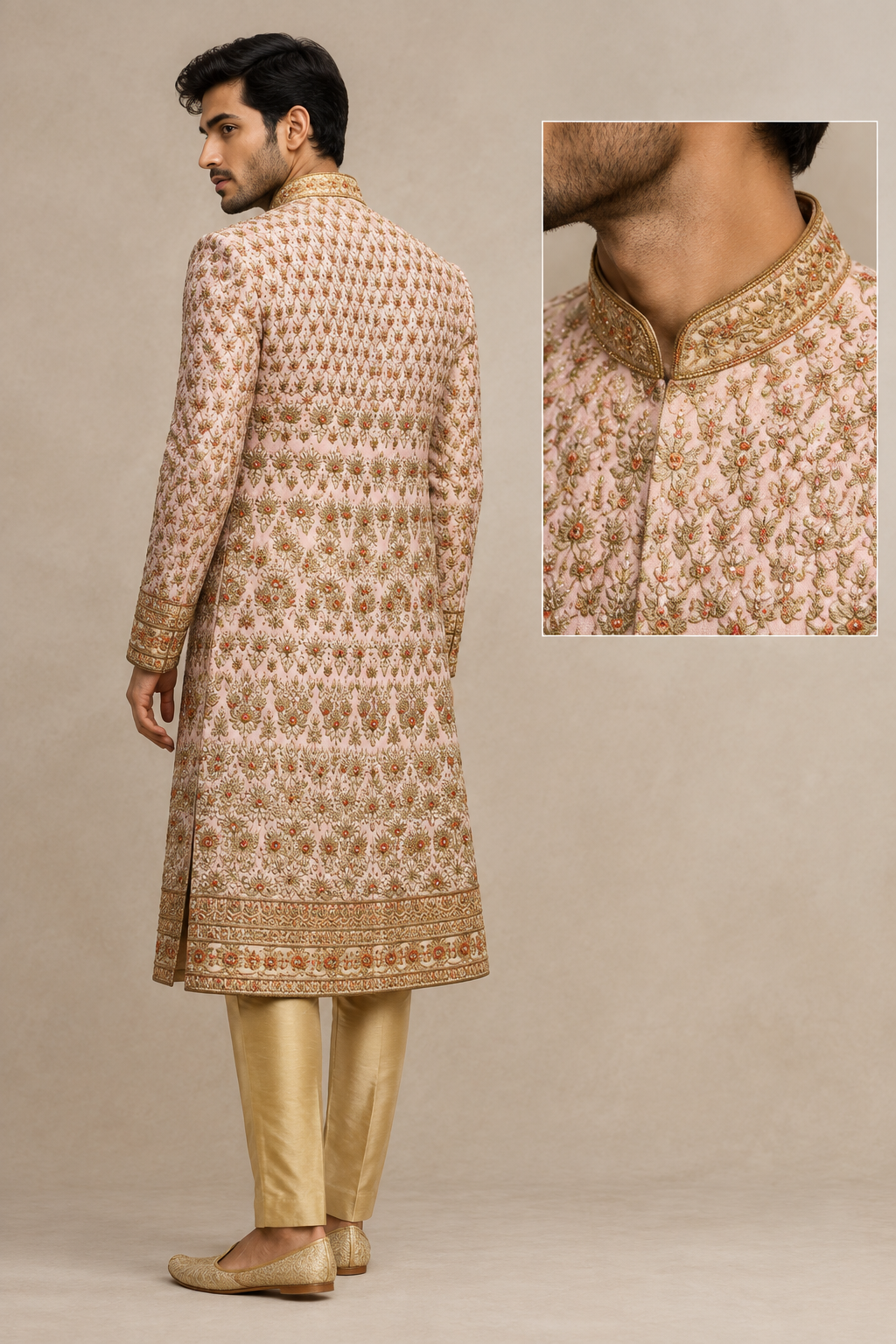 Model in blush and gold floral sherwani, rear three-quarter view with collar inset