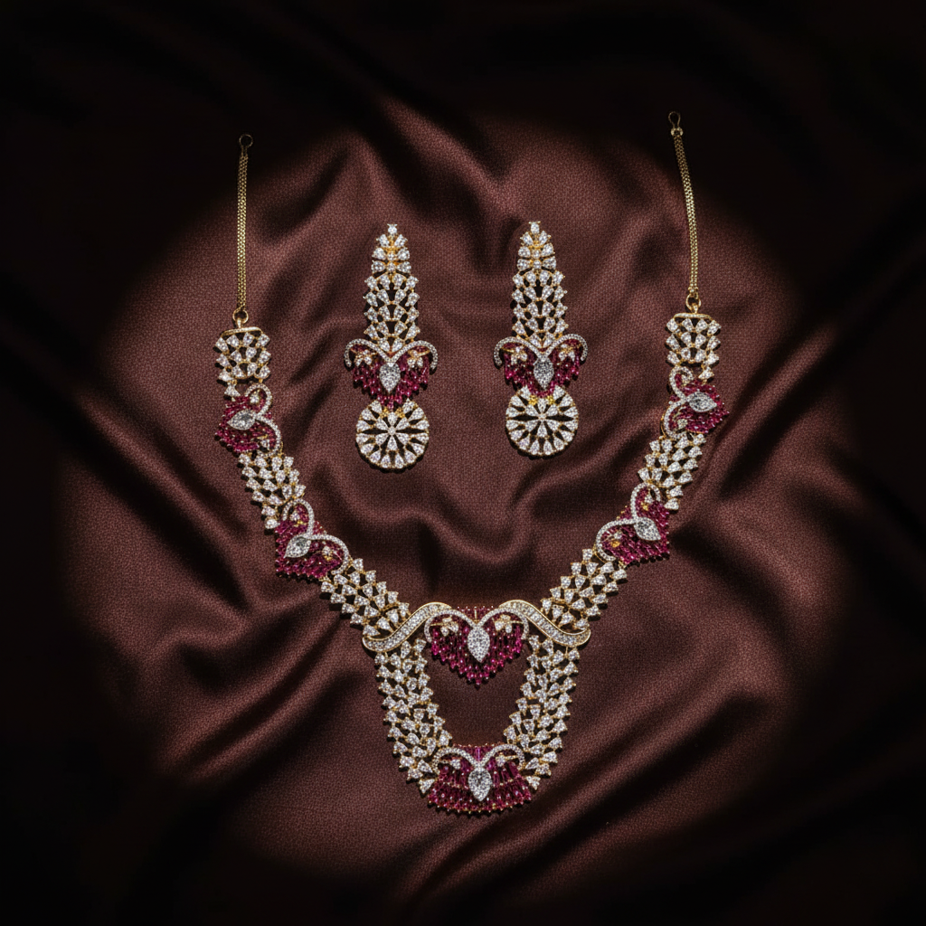 Flat lay of the Shreya gold-tone necklace and matching chandelier earrings on dark silk
