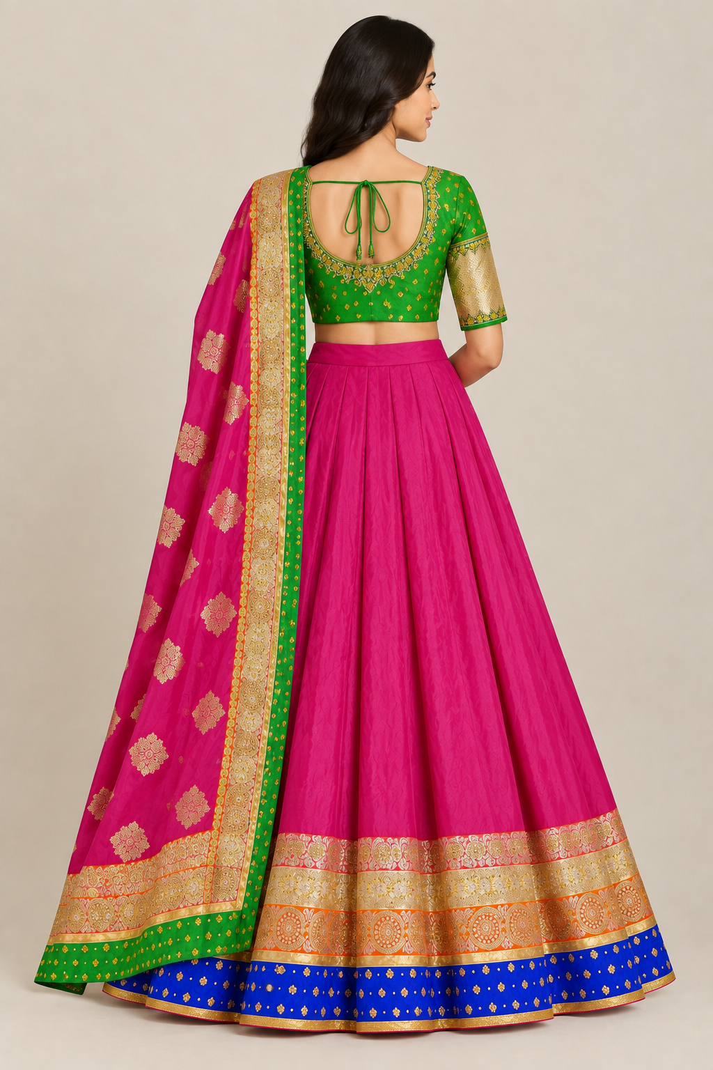 Rear model view of green blouse with tie back and magenta lehenga
