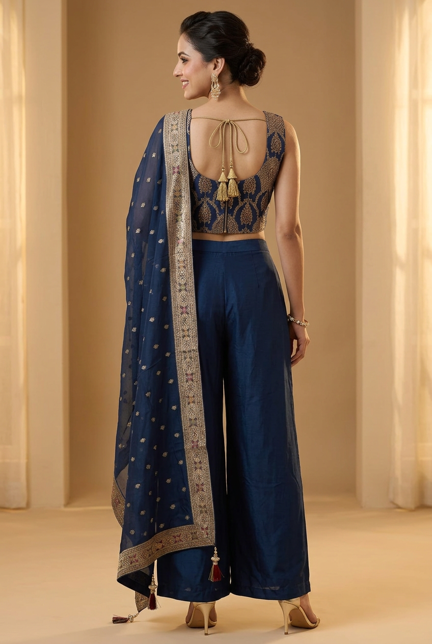 Back view of a navy blue sharara set showing the blouse's deep rounded neckline and gold tassel ties.