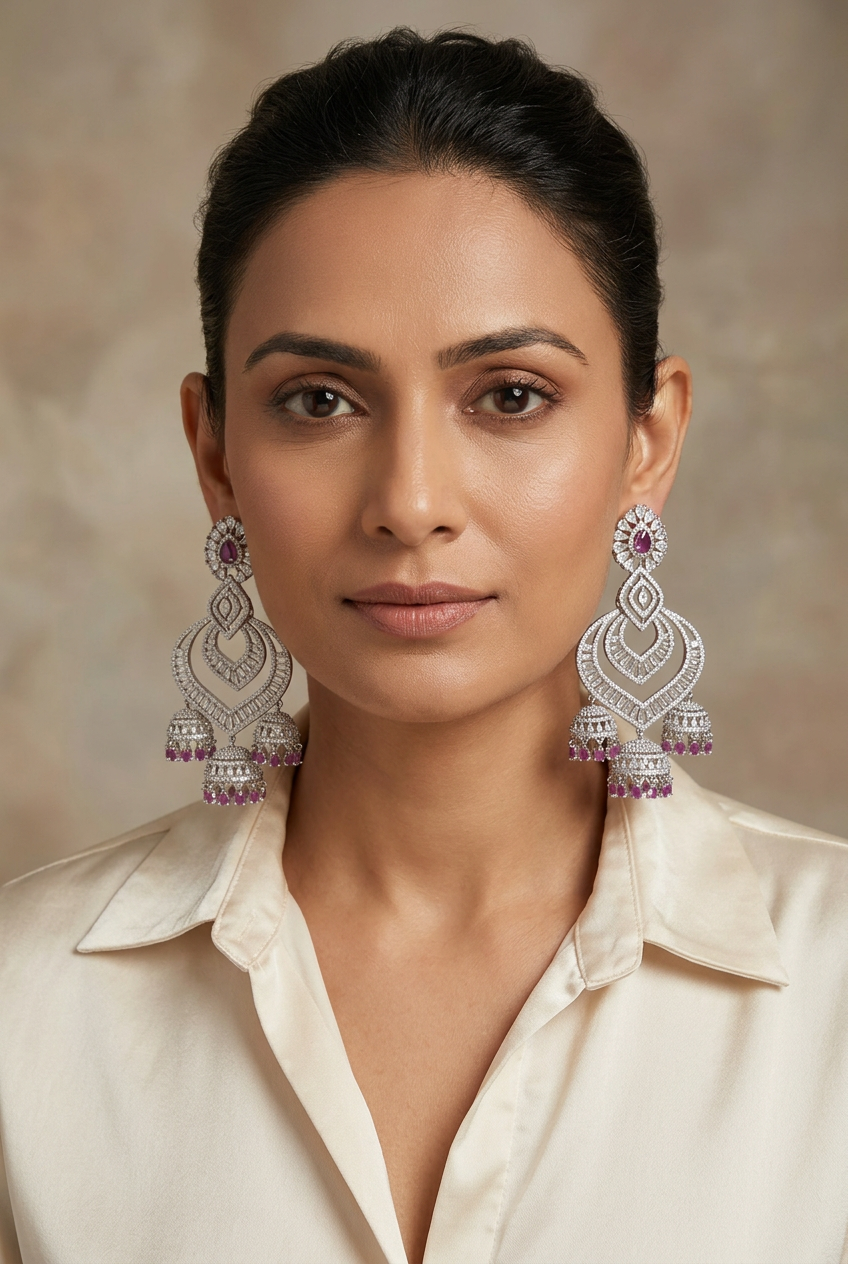 Purple Silver-Tone Chandbali Jhumka Earrings