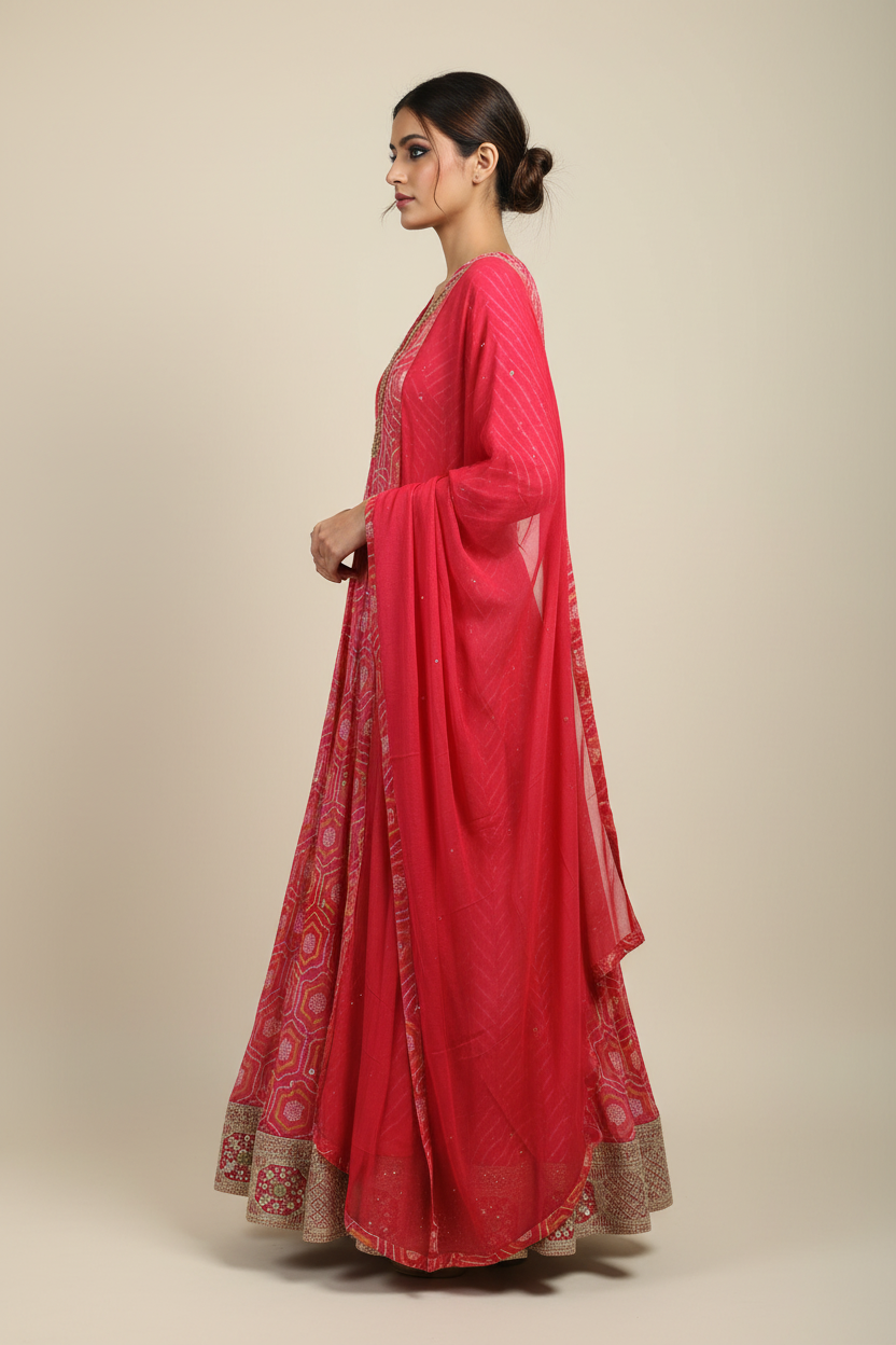 Side profile - Hot Pink Honeycomb Anarkali with dupatta