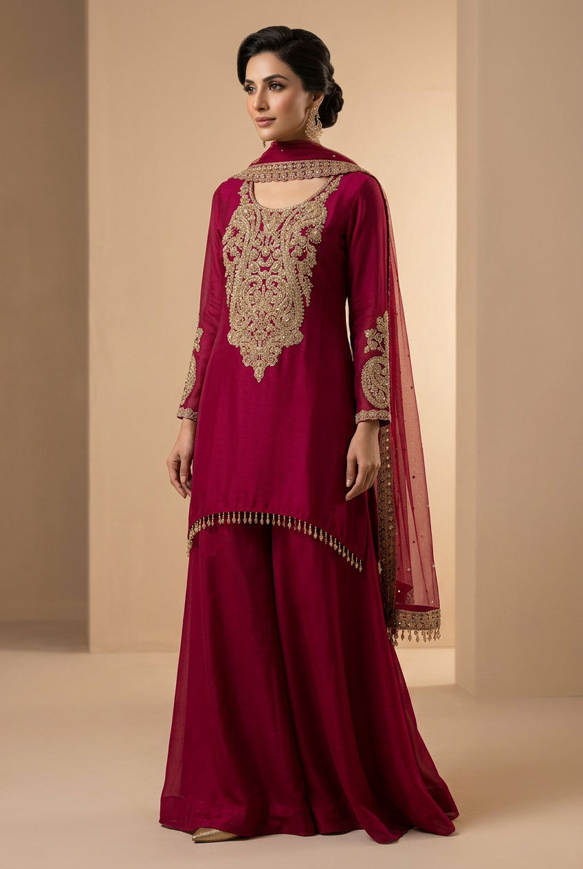 Three-quarter view of raspberry sharara with embellished kameez and matching flared trousers