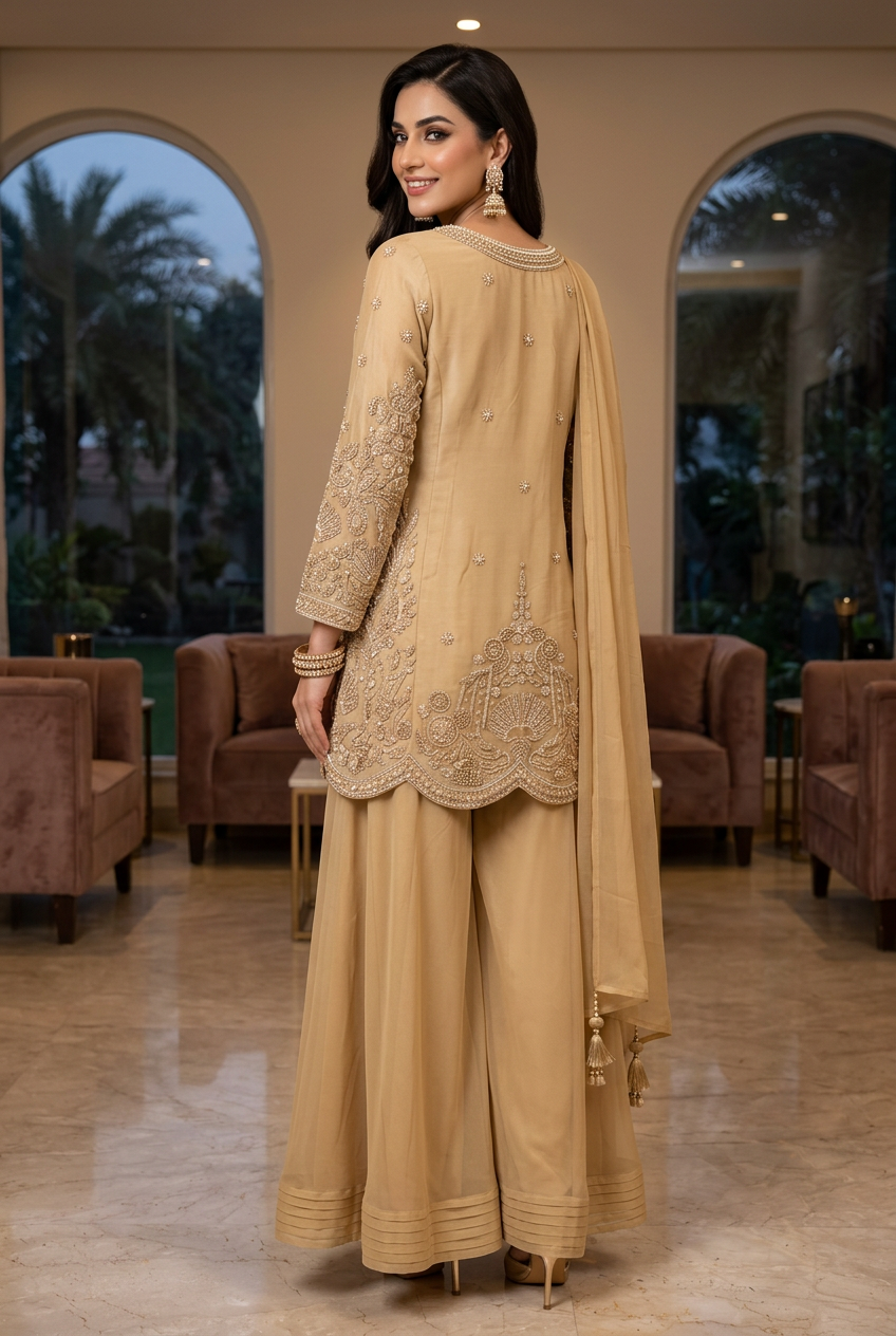 Model wearing the champagne-gold embroidered sharara set, rear view