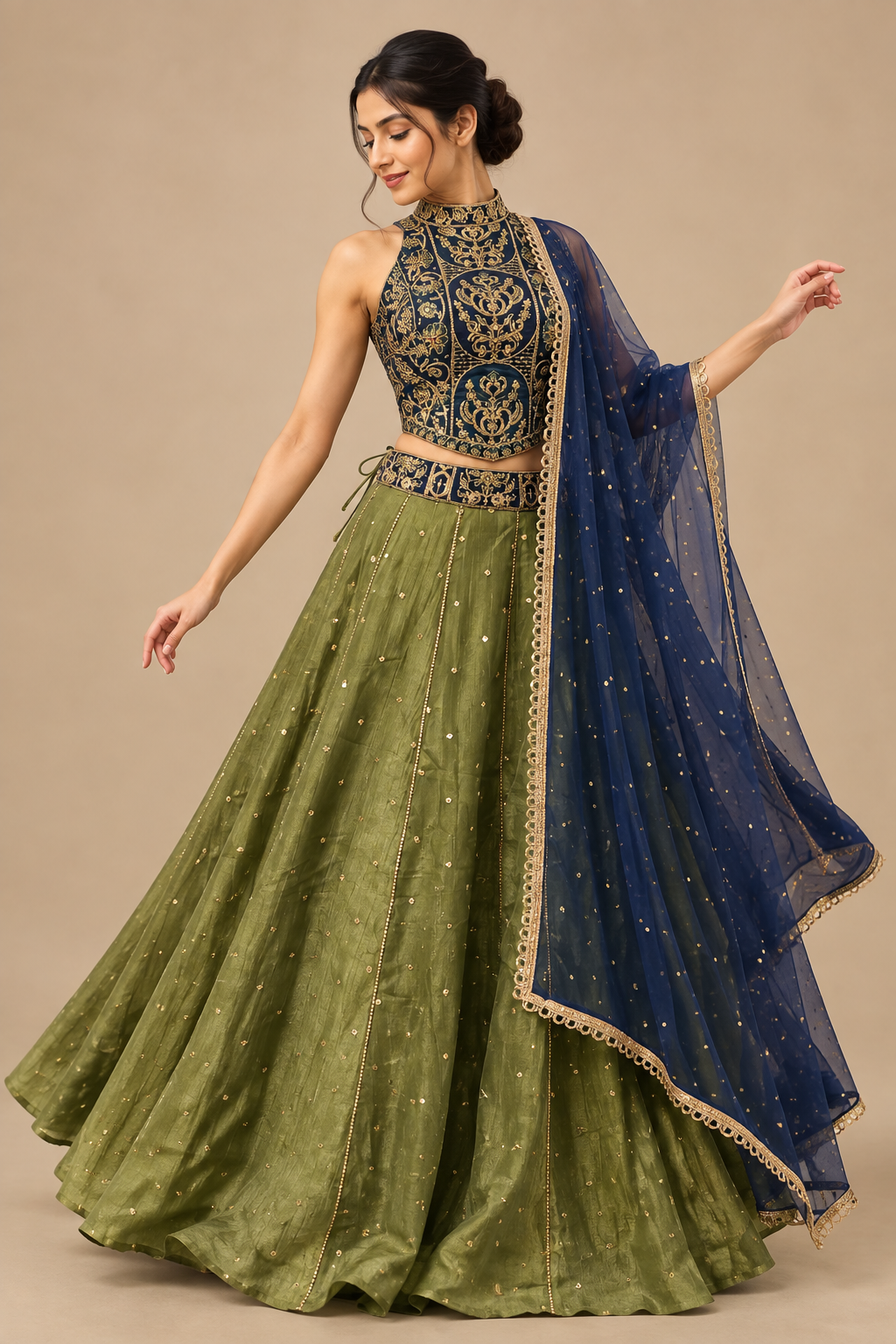 Three-quarter Garba pose in olive and navy three-piece ensemble
