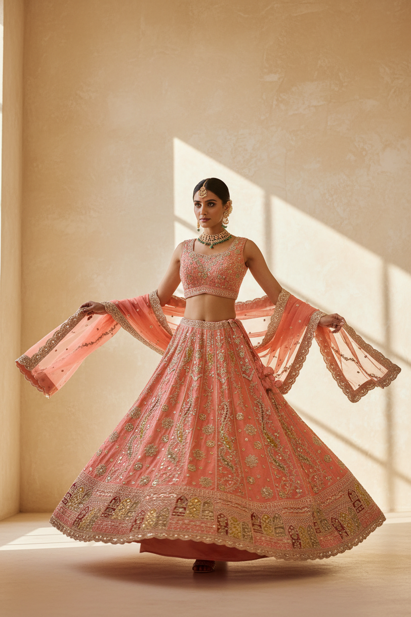 Coral Zardosi Bridal Lehenga - Walking Pose