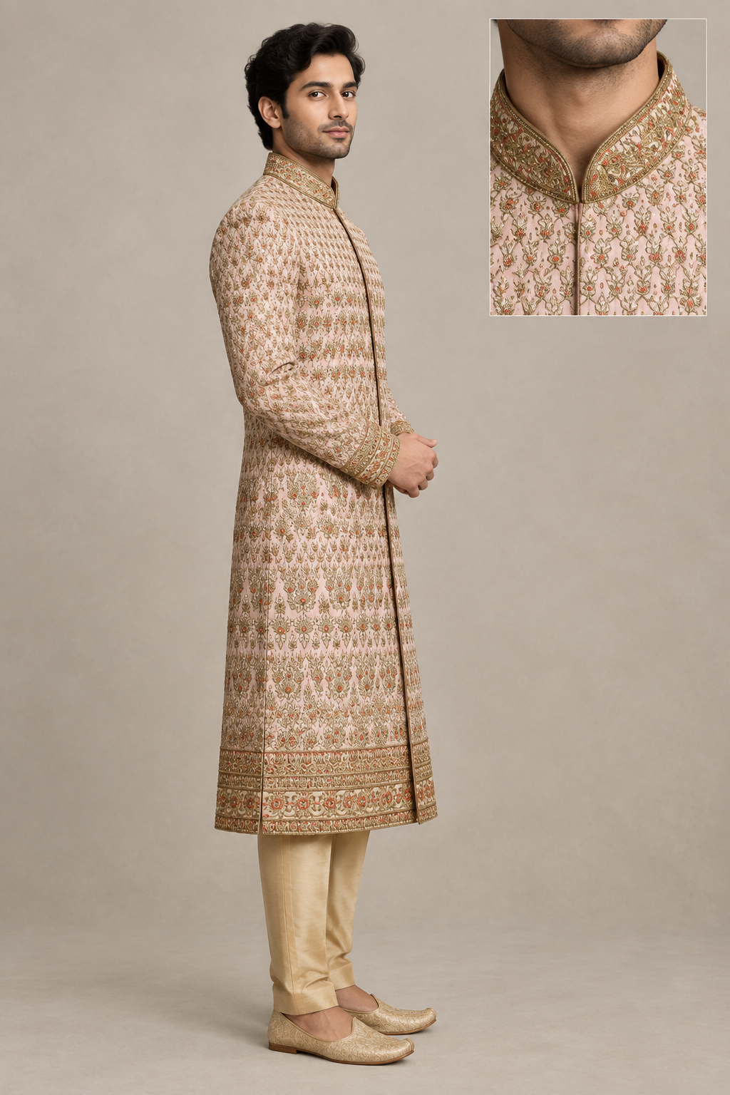 Model in blush and gold floral sherwani, side view with collar inset